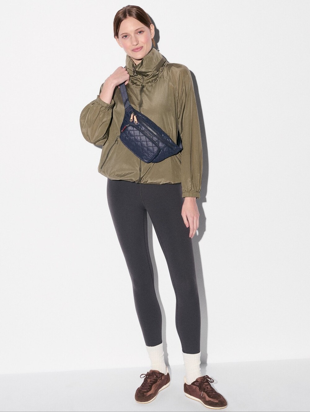 MZ Wallace Metro Quilted Sling Navy /Waist Bag with Leather Pulls - Picture 2 of 14